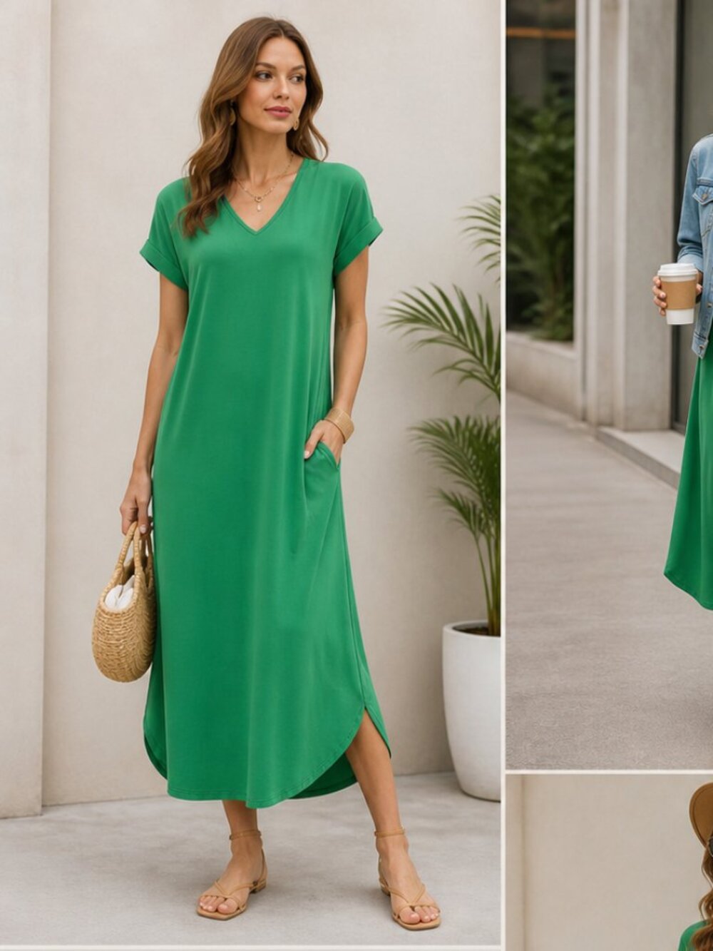 Entro NWT Green V Neck Jersey Knit Maxi Dress With Pockets Sz M - Picture 2 of 5